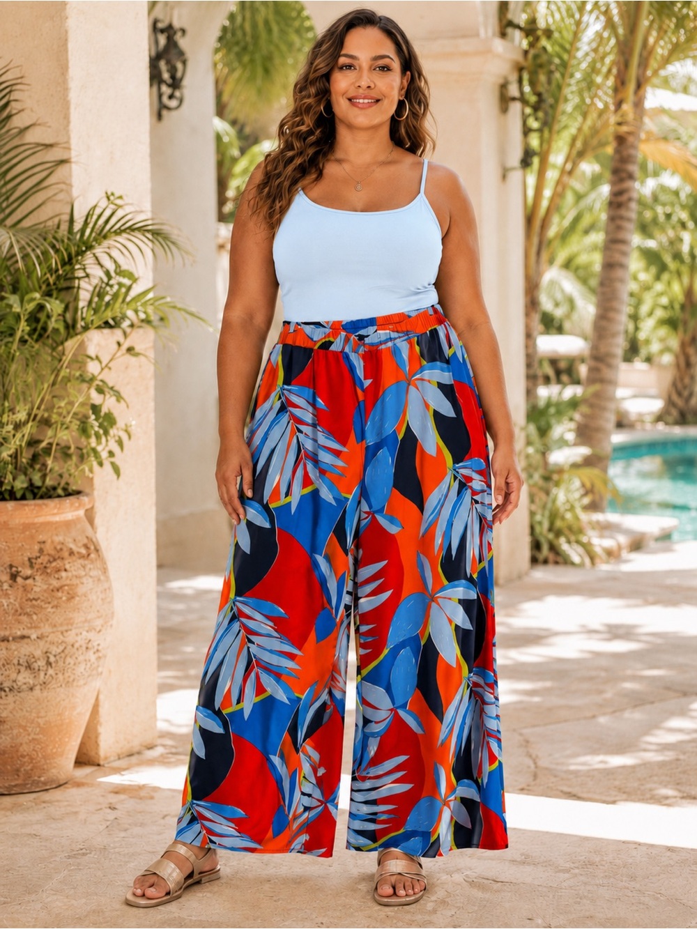 Eloquii Blue & Red Tropical-Leaf Wide-Leg Pants Size 22